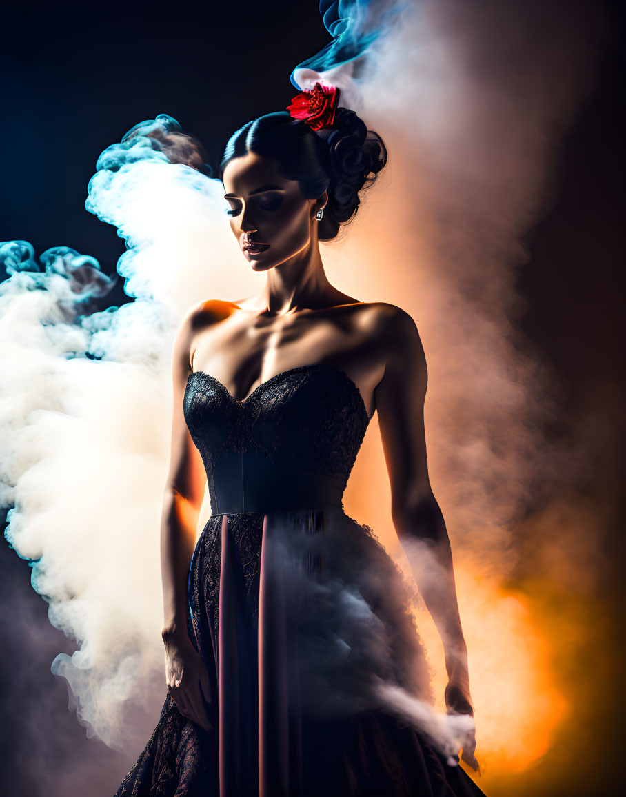 Sophisticated woman with red flower in hair, black dress, colorful smoke on dark background.