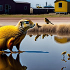 Futuristic Landscape with Golden Robotic Birds