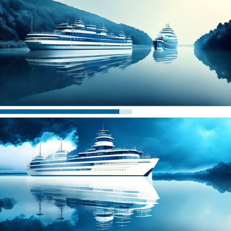 Large cruise ship on calm waters: Daytime and night reflections