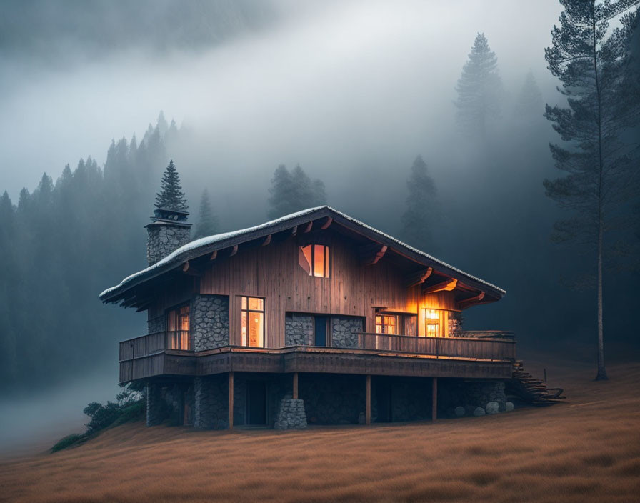 Warmly lit wooden cabin in misty forest landscape