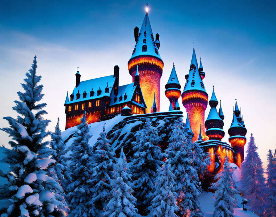 Snow-covered castle with spires in twilight scenery.