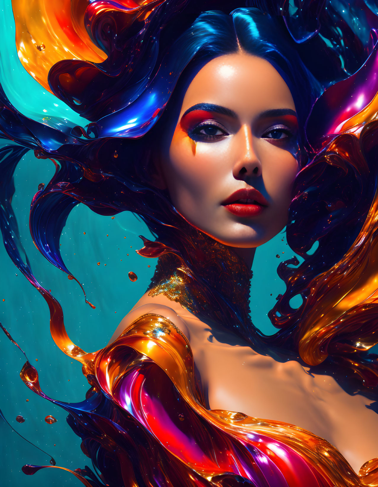 Colorful Abstract Portrait of Woman in Vibrant Makeup immersed in Swirling Liquid