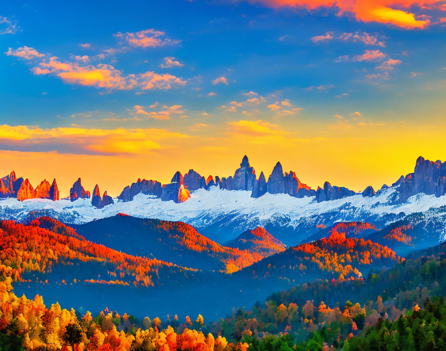 Scenic sunset over snow-capped mountains and autumn forest