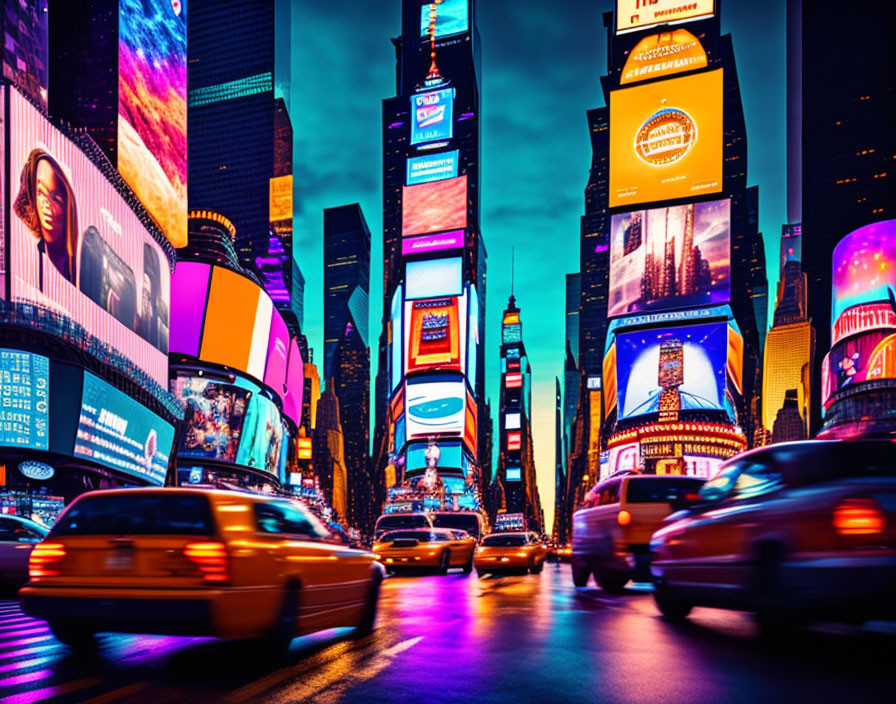 Busy Times Square with illuminated billboards at dusk