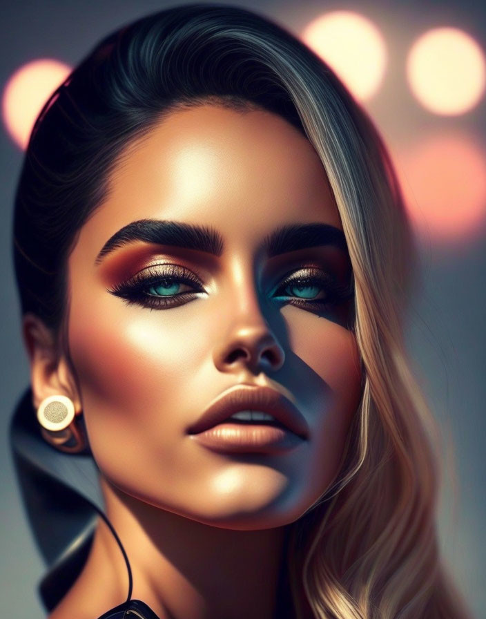 Striking makeup portrait with teal eyeshadow & bokeh lights