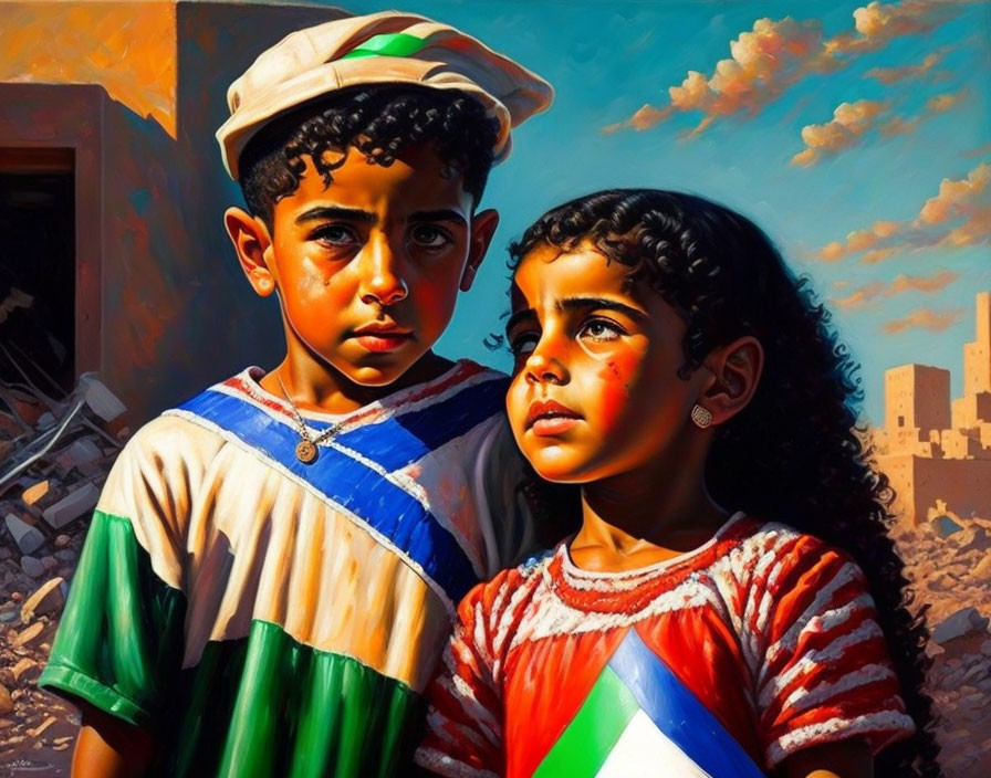 Painting: Two children with striking eyes in war-torn setting