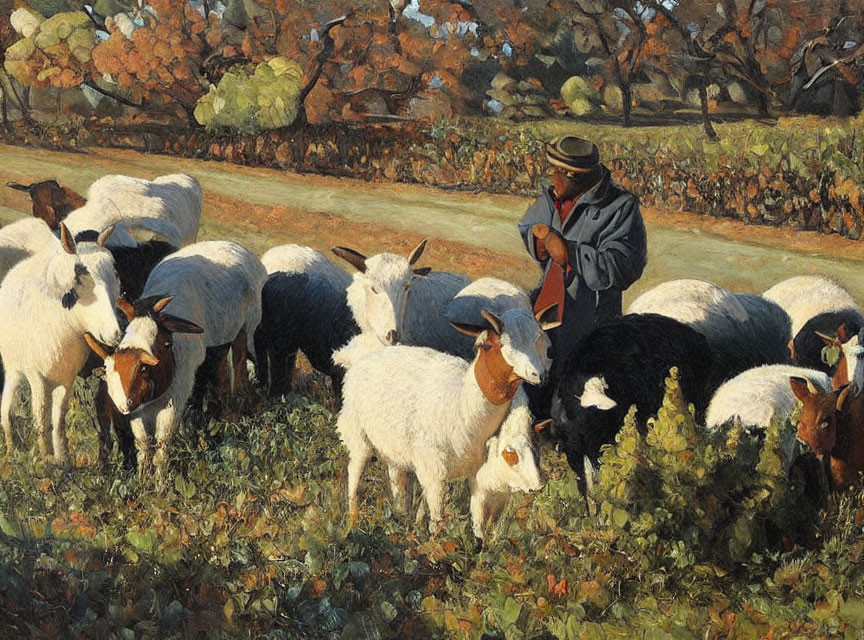 Rural landscape with shepherd, flock of sheep, and autumn trees