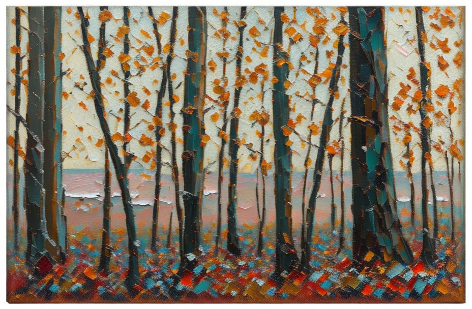 Vibrant autumn forest oil painting with textured details