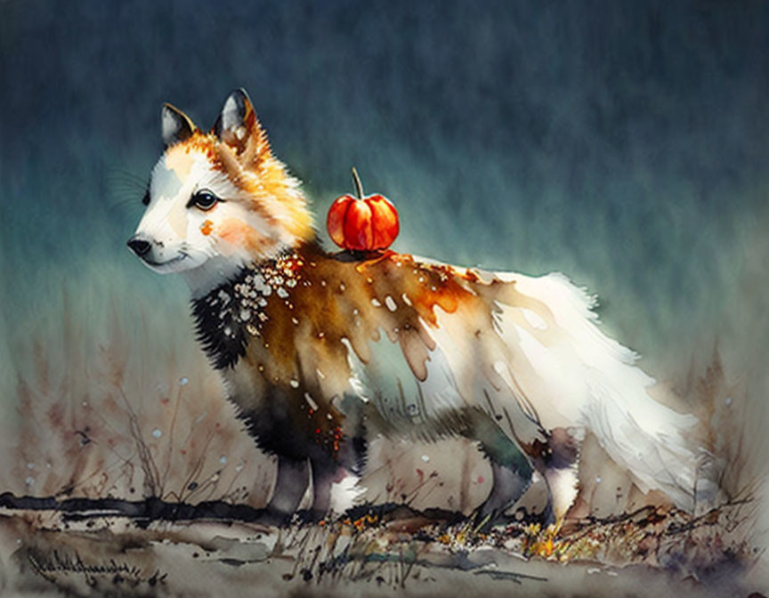 Whimsical white and brown fox with red apple in watercolor