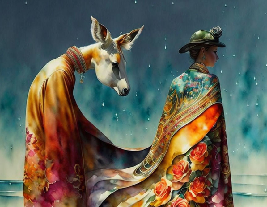 Surreal painting of woman and horse merged in floral garment on snowy background