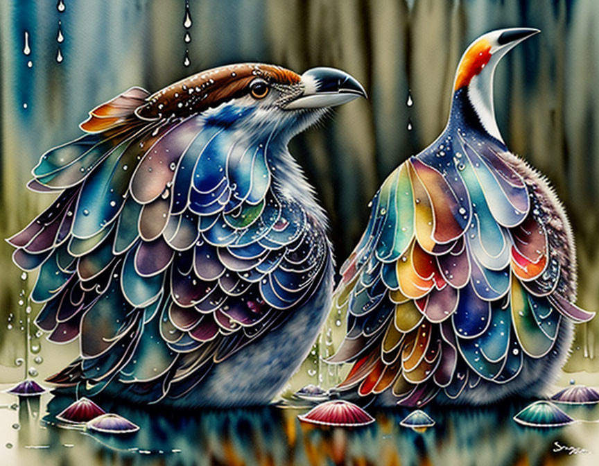 Colorful Birds Surrounded by Raindrops and Mushrooms