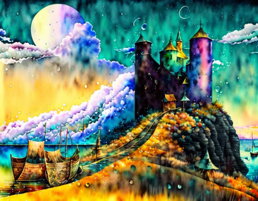 Colorful fantasy landscape with glowing moon, sparkling sea, boats, and whimsical castle