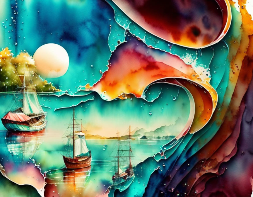 Abstract Watercolor Painting of Sailing Ships on Fantastical Sea