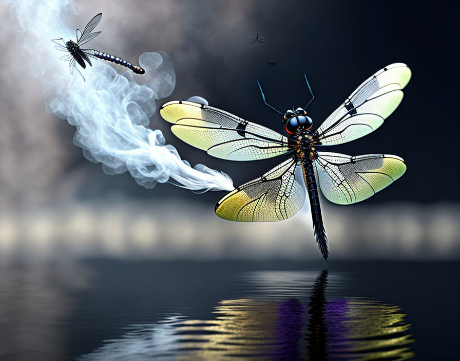 Two dragonflies over reflective water with smoke trails