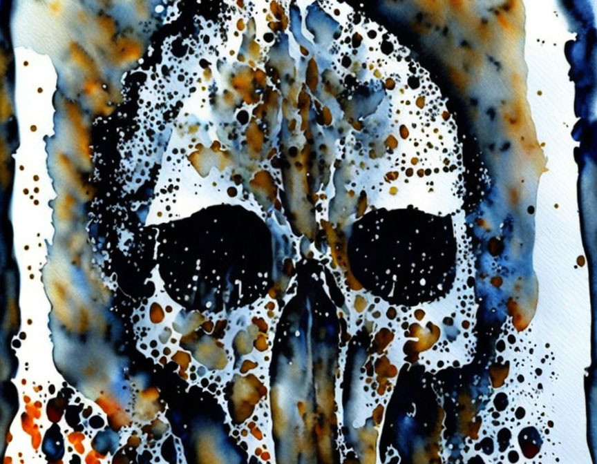 Blue, black, and brown abstract skull watercolor painting