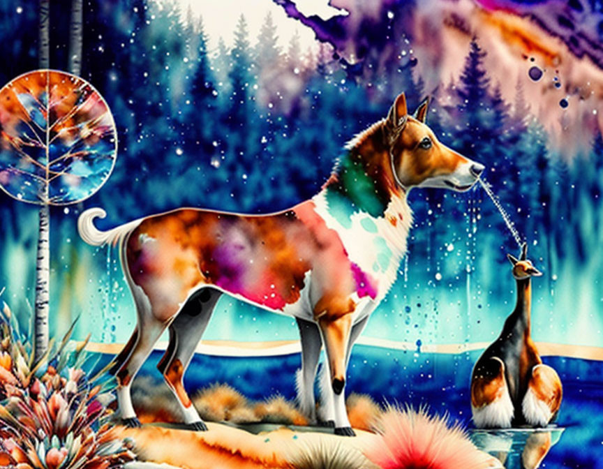 Colorful cosmic dog with galaxy fur pattern by water in fantastical forest