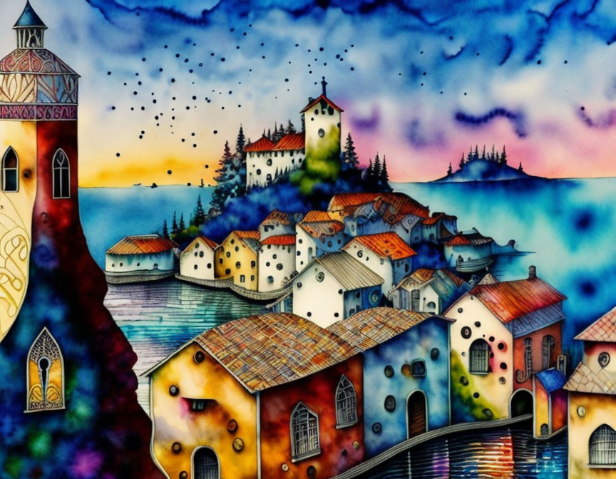 Vibrant painting of town with unique houses, lighthouse, and church under twilight sky