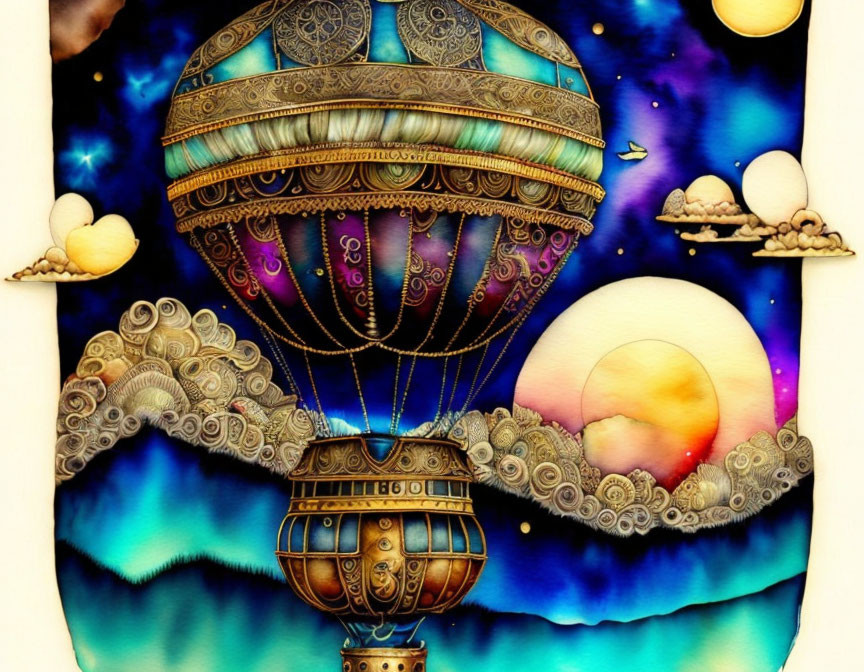 Vibrant steampunk hot air balloon in whimsical night sky