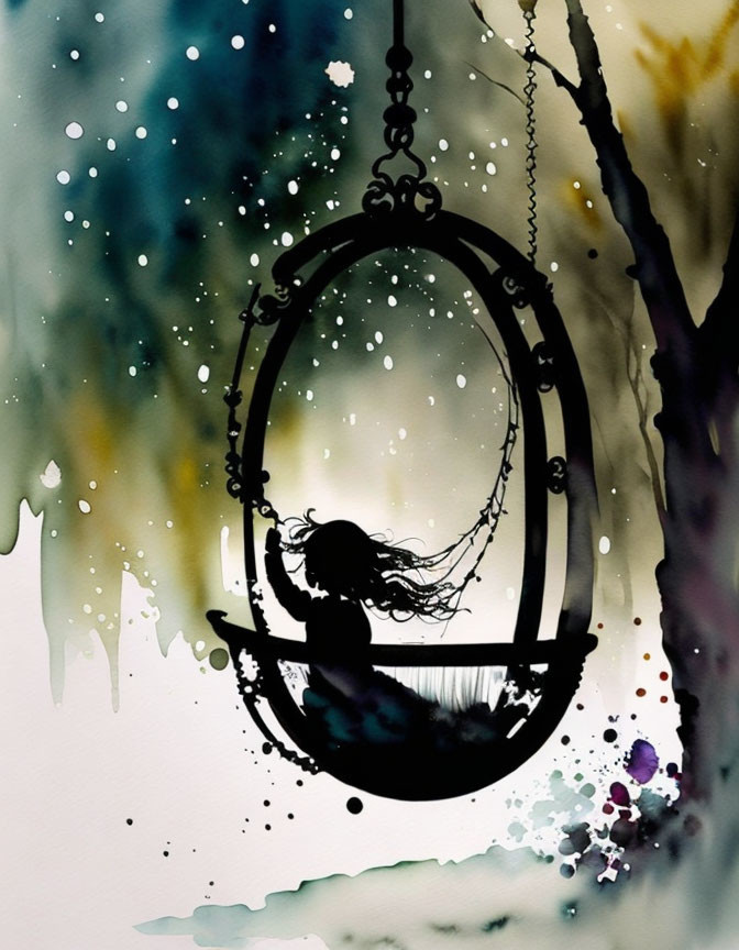 Silhouette of girl on swing against dreamy watercolor backdrop