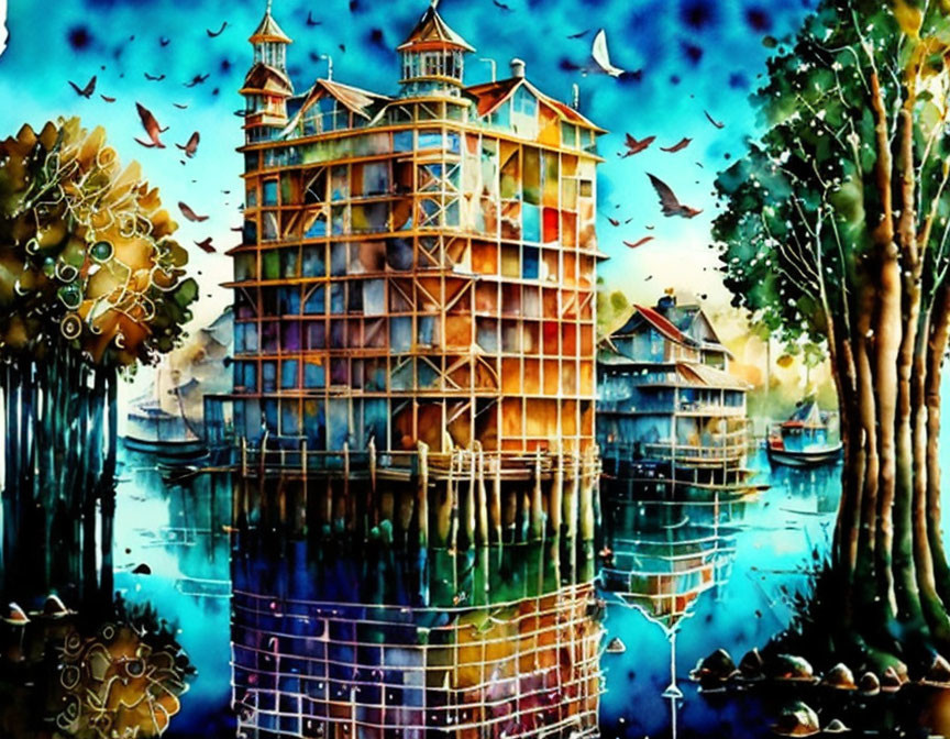 Colorful watercolor painting of whimsical building on stilts surrounded by nature and boats