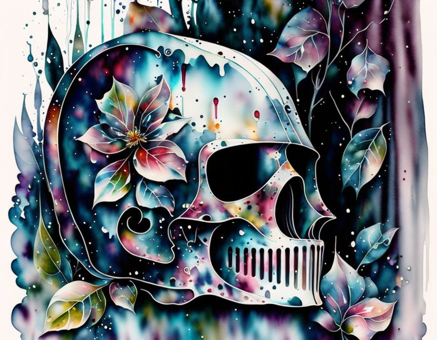 Colorful watercolor painting: Skull with cosmic patterns and flowers on dripping backdrop