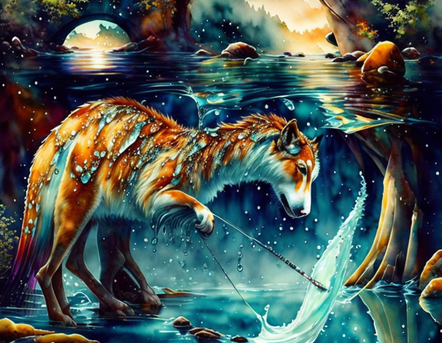 Ethereal wolf fishing in mystical forest landscape