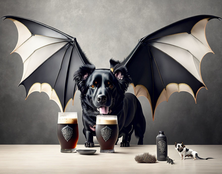 Black Dog with Bat Wings Beside Dark Beer Glasses, Small Dog, and Acorn