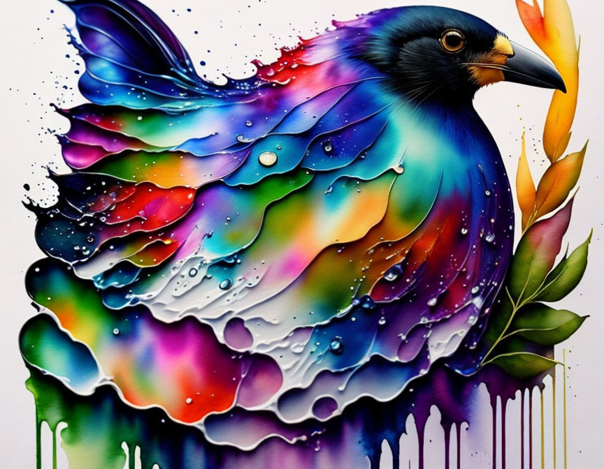 Colorful Bird Painting with Water Droplet Effects and Golden Leaves