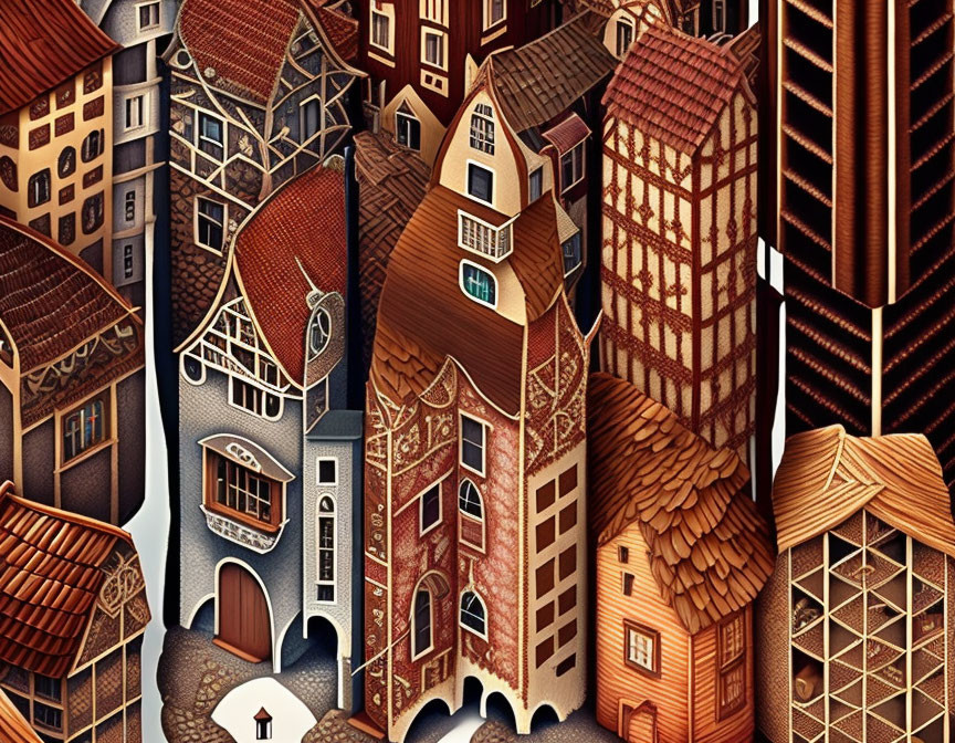 Whimsical village illustration with intricate, densely packed houses