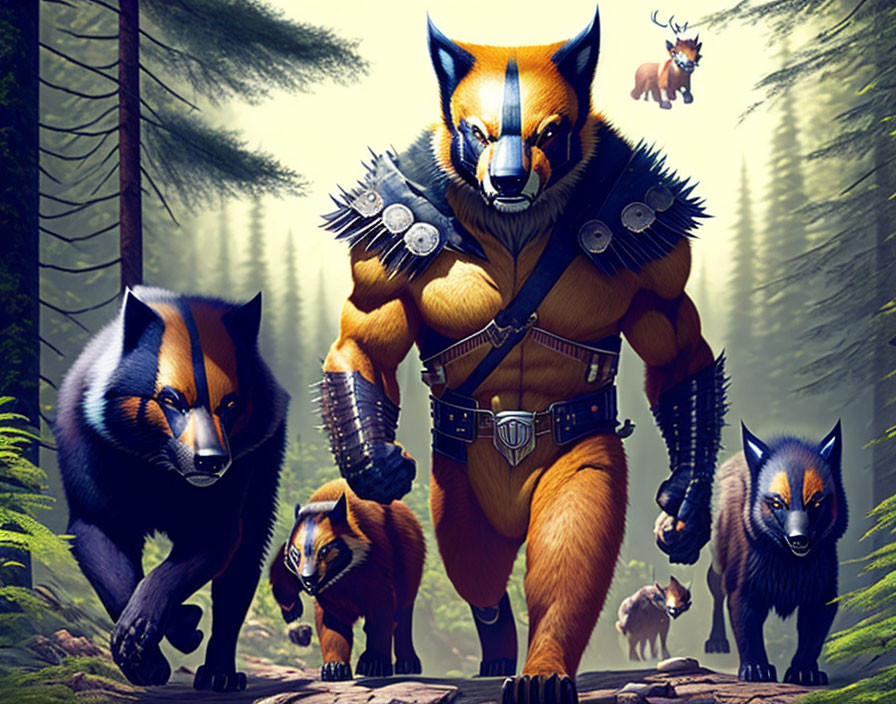 Fantasy anthropomorphic fox warriors in forest setting