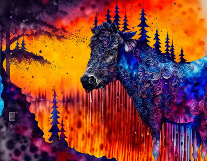 Colorful Abstract Horse Artwork with Swirling Patterns and Fiery Background