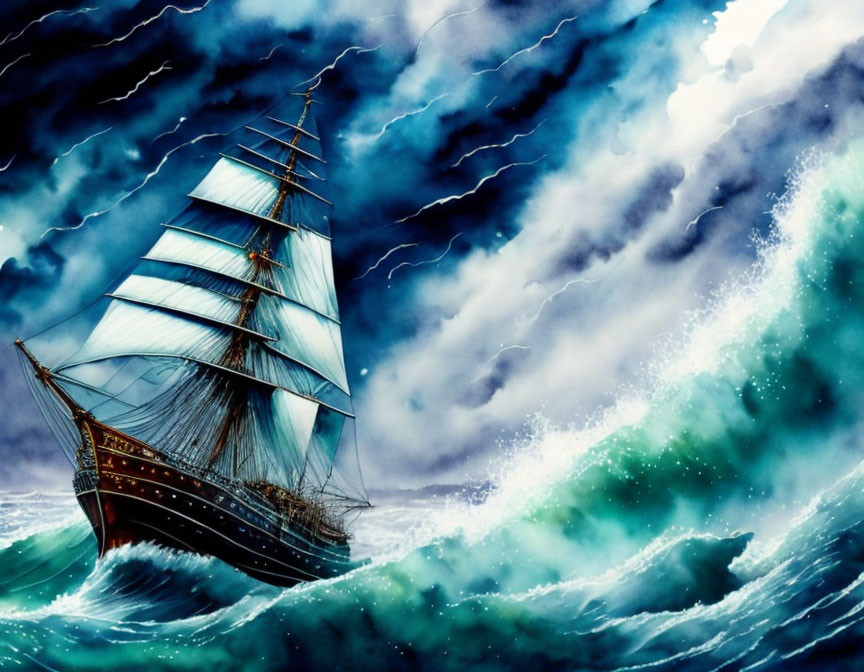 Tall ship navigating turbulent seas with storm clouds and lightning