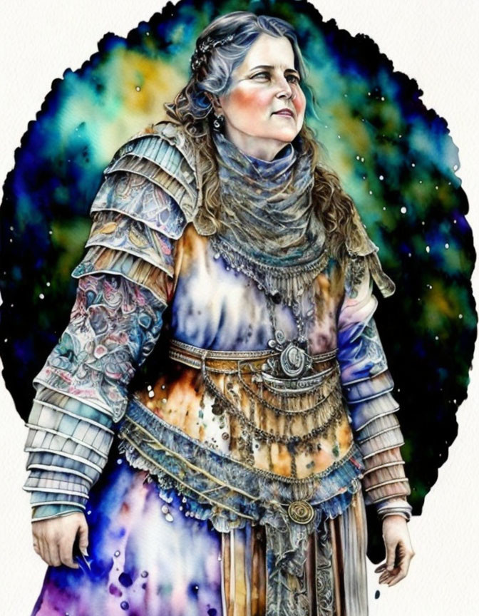 Fantasy armor woman in watercolor with galactic backdrop.