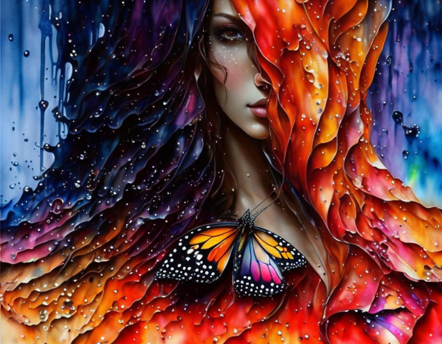 Colorful woman with flame-like hair, butterfly, and water droplets