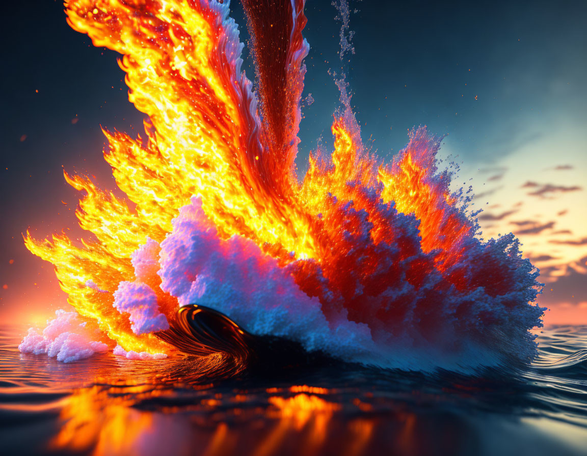 Fiery ocean explosion with blue water and sunset sky