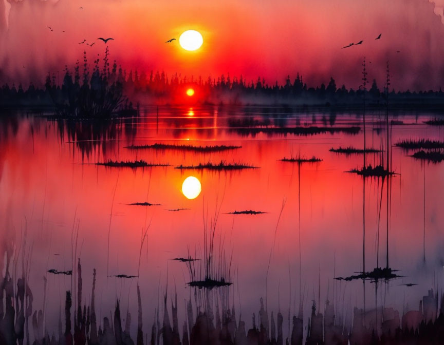 Vivid sunset with dual reflection, reeds silhouettes, birds in pinkish-red sky