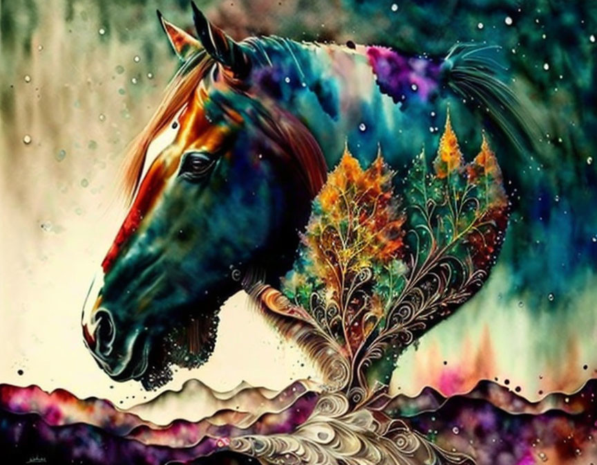 Vibrant horse artwork with cosmic mane in colorful landscape