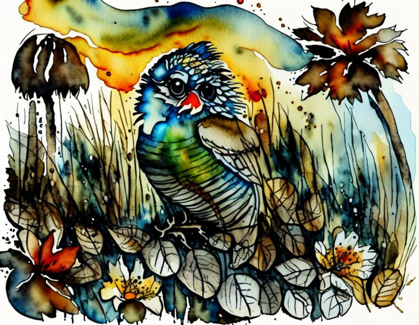 Colorful bird painting with intricate patterns and foliage in watercolor