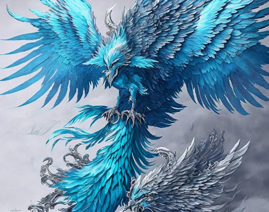 Blue phoenix with intricate feathers in cloudy sky