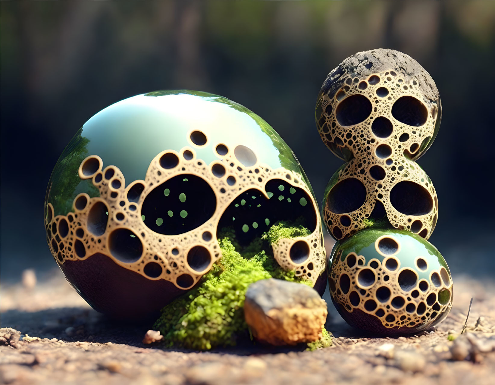 Three intricate porous spherical objects on forest floor with moss and rocks