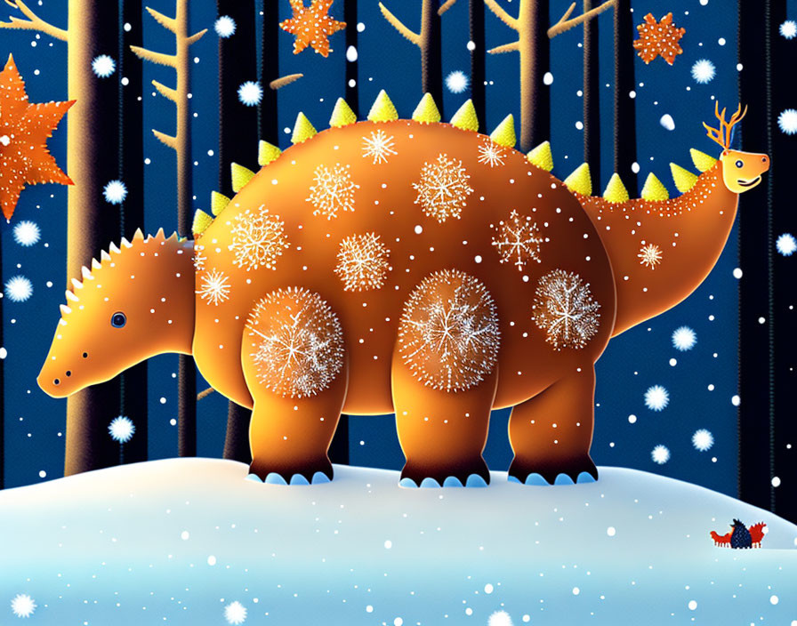 Orange dinosaur with snowflake patterns in snowy night landscape