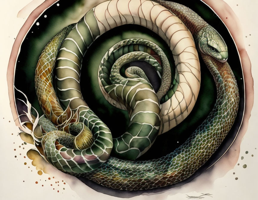 Detailed Watercolor Painting of Coiled Green Snake