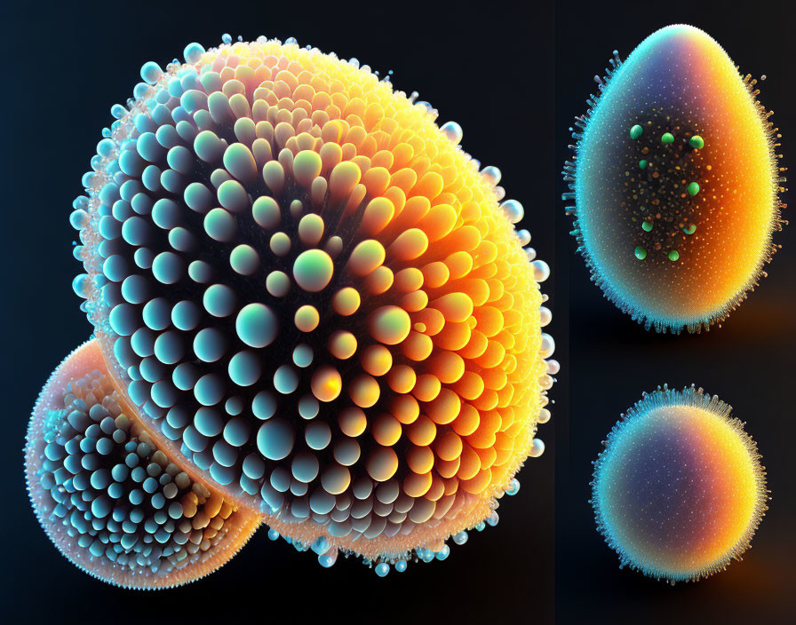 Abstract colorful spherical shapes with spike-like protrusions on dark background