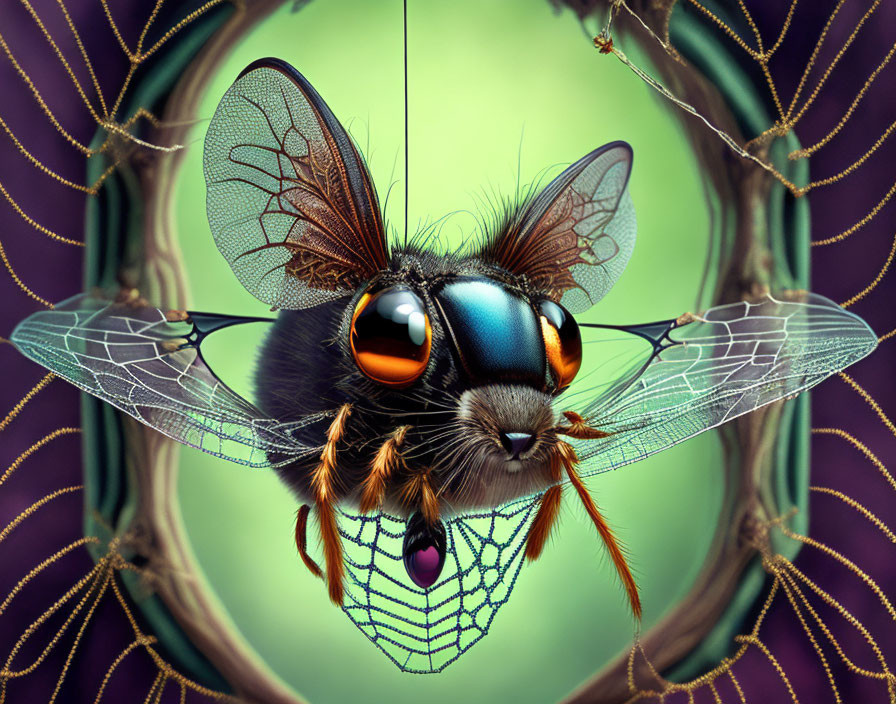 Whimsical bee with oversized eyes and intricate wings on green background