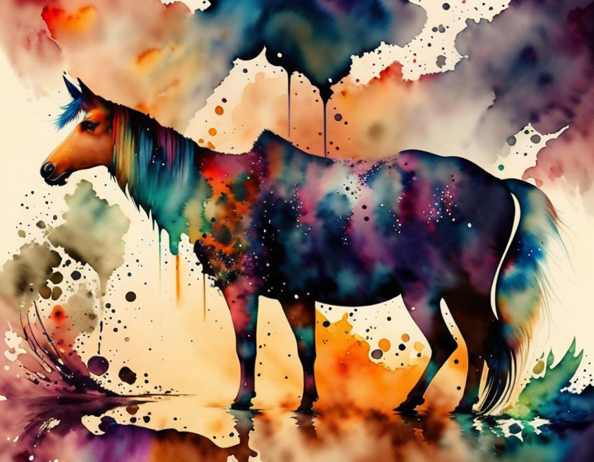 Colorful Watercolor Painting of a Horse with Splashes