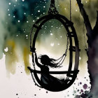 Silhouette of girl on swing against dreamy watercolor backdrop