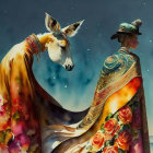 Surreal painting of woman and horse merged in floral garment on snowy background