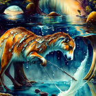 Ethereal wolf fishing in mystical forest landscape