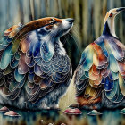 Colorful Birds Surrounded by Raindrops and Mushrooms