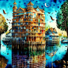 Colorful watercolor painting of whimsical building on stilts surrounded by nature and boats